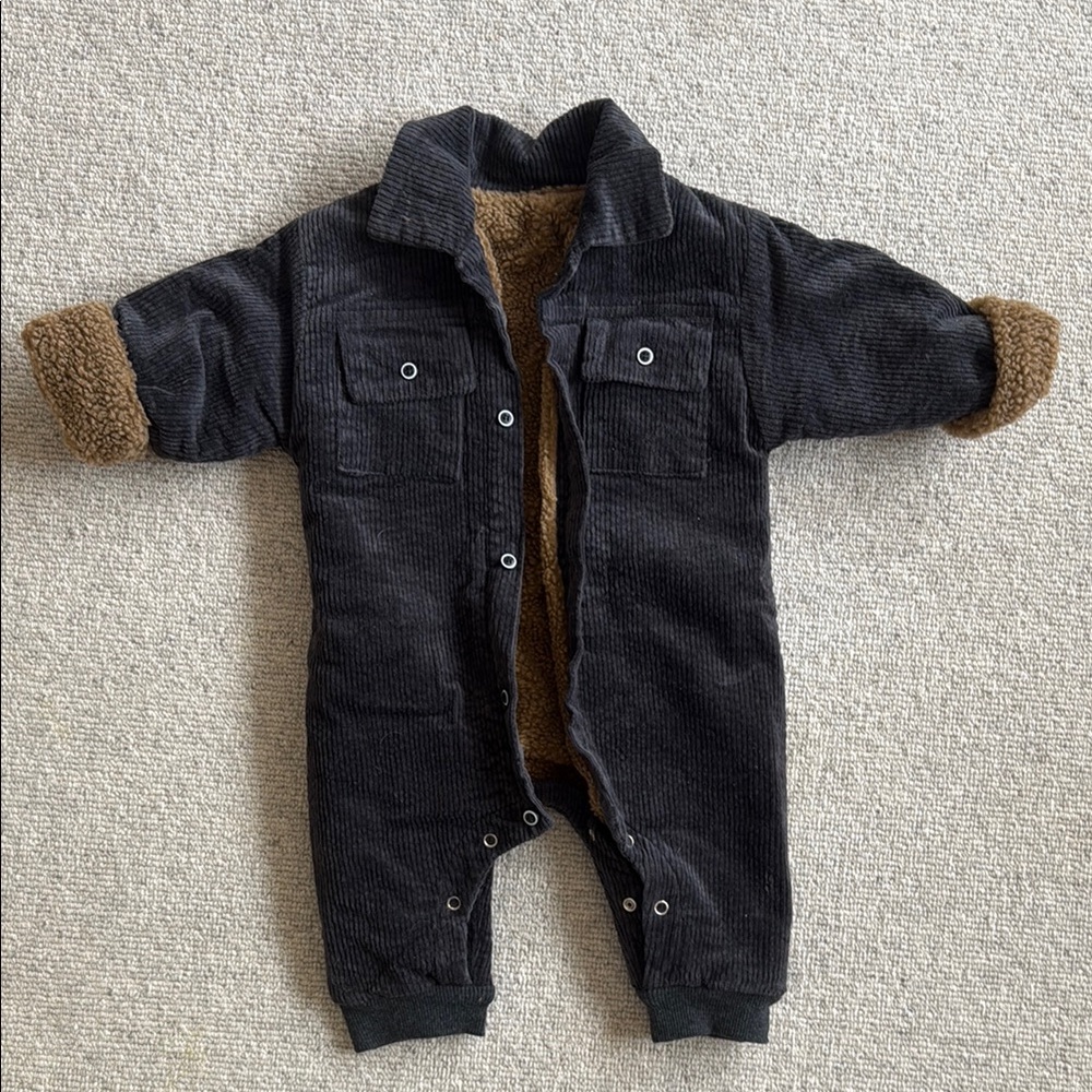 Cozy Black Corduroy Baby Jumpsuit with Brown Lining